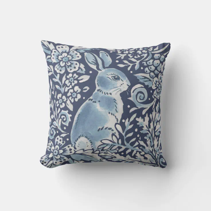 Ornate Blue White Forest Rabbit Floral Woodland Throw Pillow | Zazzle
