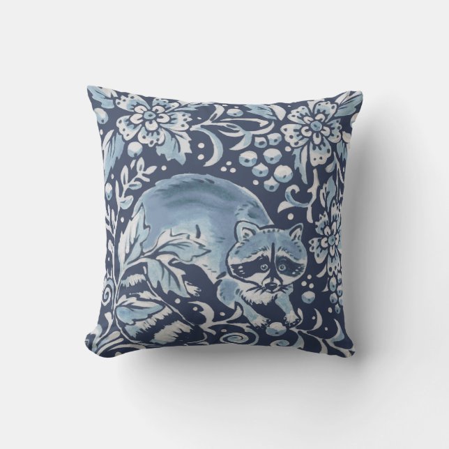 Ornate Blue White Forest Raccoon Berries Woodland Throw Pillow (Front)