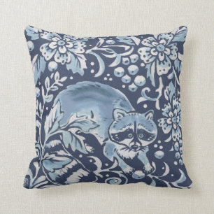 Ornate Blue White Forest Raccoon Berries Woodland Throw Pillow
