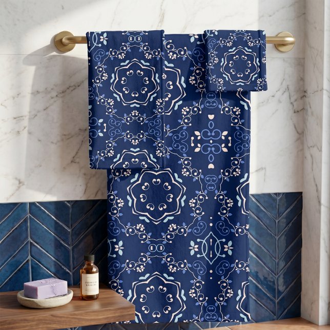 Ornate Blue White Mediterranean Azulejo Pattern Bath Towel Set (Creator Uploaded)