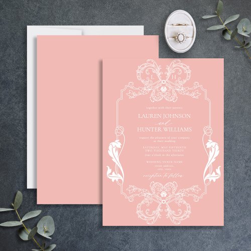 Ornate Blush Pink Floral Line Art Monogram Wedding Invitation