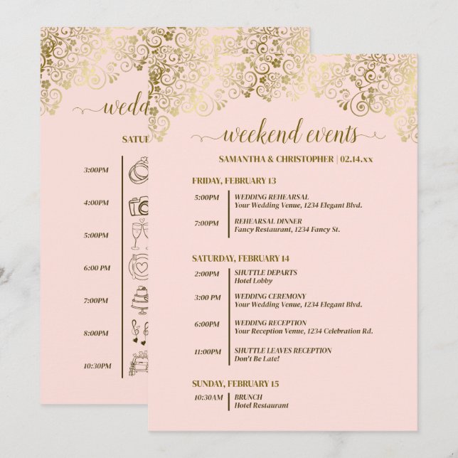 Ornate Blush Pink & Gold Wedding Events & Timeline Program (Front/Back)