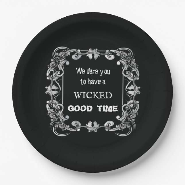 Ornate Border Black Halloween Paper Plates (Front)