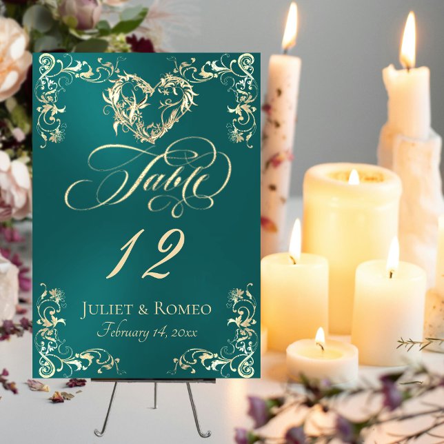Ornate Border & Heart - Teal Table Number (Creator Uploaded)