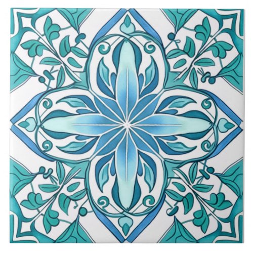 Ornate Botanical Blue Green Mediterranean Azulejo Ceramic Tile