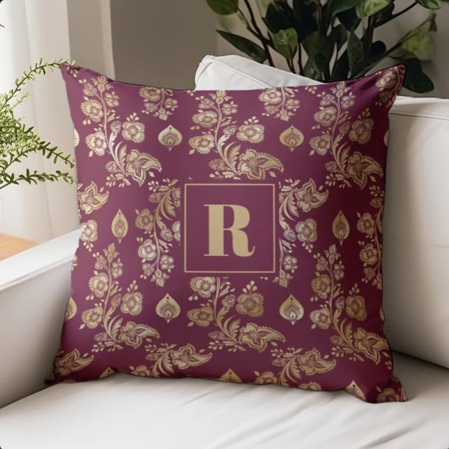 Ornate Botanical Pattern Monogram Burgundy Gold Throw Pillow (Creator Uploaded)