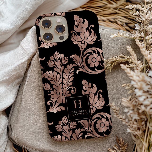 Ornate Botanical Pattern Monogram Rose Gold Black Case-Mate iPhone Case (Creator Uploaded)