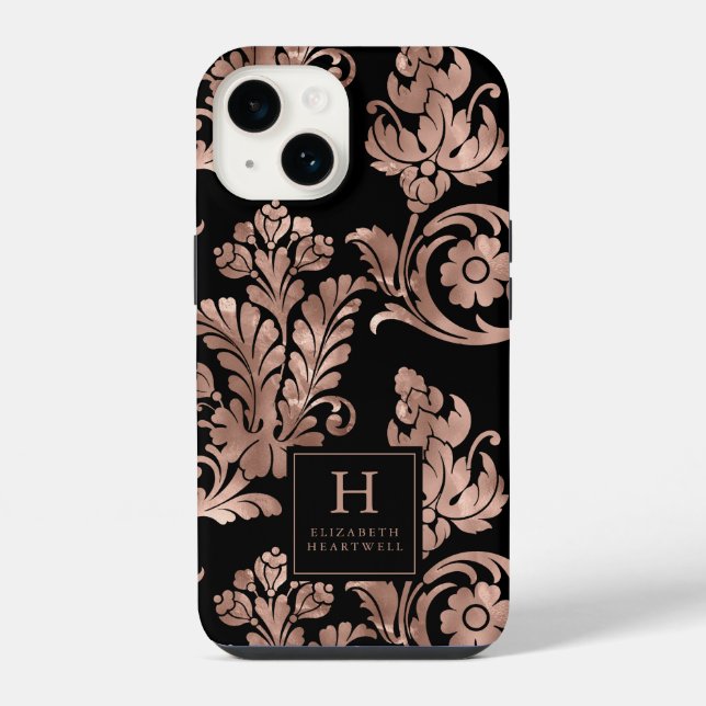 Ornate Botanical Pattern Monogram Rose Gold Black Iphone Case (Back)