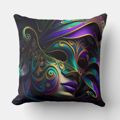 ORNATE BRIGHTLY COLORED MARDI GRAS MASK THROW PILLOW