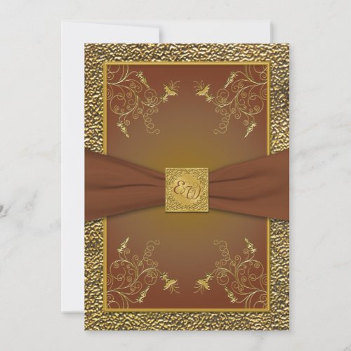 Ornate Brown and Gold Monogram Wedding Invitation