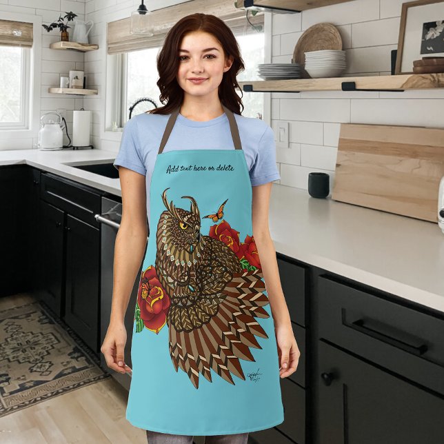 Ornate Brown Decorative Owl Red Roses Blue Apron (Creator Uploaded)