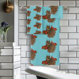 Ornate Brown Decorative Owl Red Roses Blue Bath Towel Set