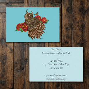Ornate Brown Decorative Owl Red Roses Blue Business Card