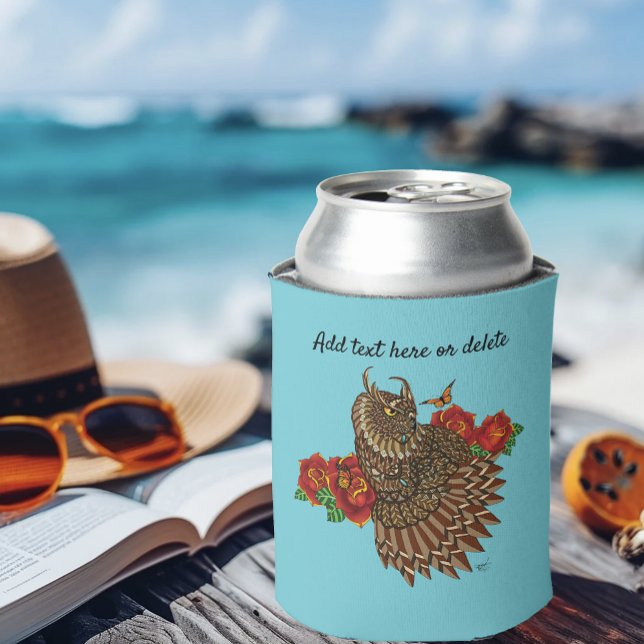 Ornate Brown Decorative Owl Red Roses Blue Can Cooler (Creator Uploaded)