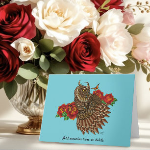 Ornate Brown Decorative Owl Red Roses Blue Card