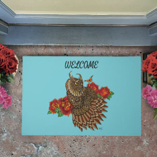 Ornate Brown Decorative Owl Red Roses Blue Doormat
