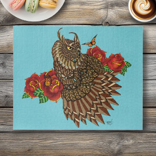 Ornate Brown Decorative Owl Red Roses Blue Jigsaw Puzzle