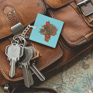Ornate Brown Decorative Owl Red Roses Blue Keychain