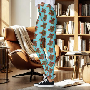 Ornate Brown Decorative Owl Red Roses Blue Leggings