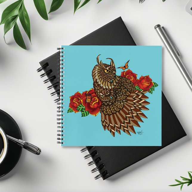 Ornate Brown Decorative Owl Red Roses Blue Notebook (Creator Uploaded)