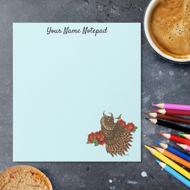 Ornate Brown Decorative Owl Red Roses Blue Notepad (Creator Uploaded)