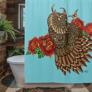 Ornate Brown Decorative Owl Red Roses Blue Shower Curtain