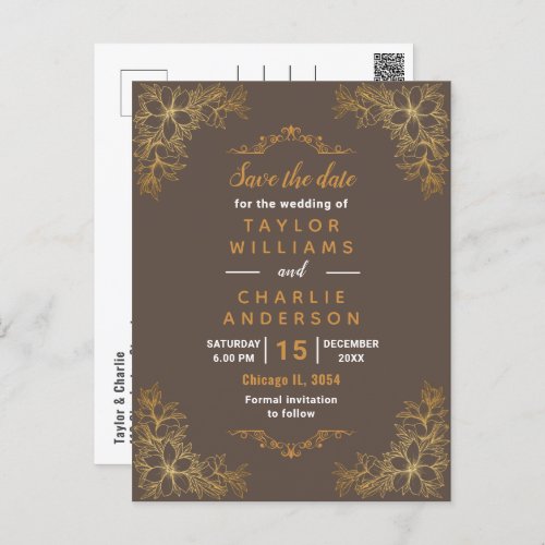 Ornate Brown Floral Save The Date Postcard