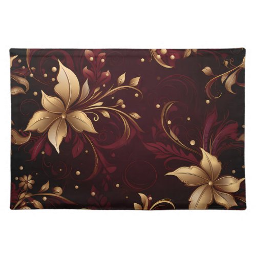 ORNATE BURGUNDY AND GOLD HOLIDAY FLORALS CLOTH PLACEMAT