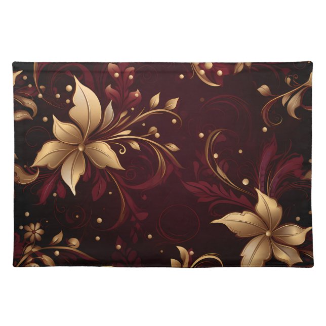 ORNATE BURGUNDY AND GOLD HOLIDAY FLORALS CLOTH PLACEMAT (Front)