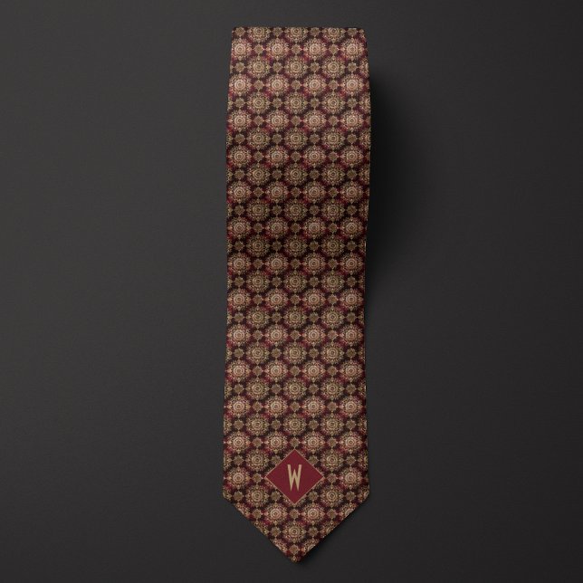 Ornate Burgundy and Gold Mandala Monogram Neck Tie (Creator Uploaded)
