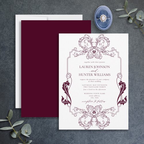 Ornate Burgundy Floral Line Art Monogram Wedding Invitation