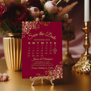 Ornate Burgundy & Gold Elegant Wedding Calendar Save The Date