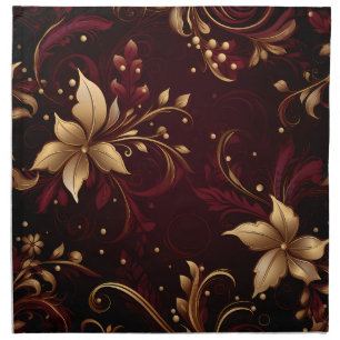 ORNATE BURGUNDY & GOLD HOLIDAY FLOWERS CLOTH NAPKIN