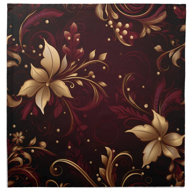 ORNATE BURGUNDY & GOLD HOLIDAY FLOWERS CLOTH NAPKIN (Front)