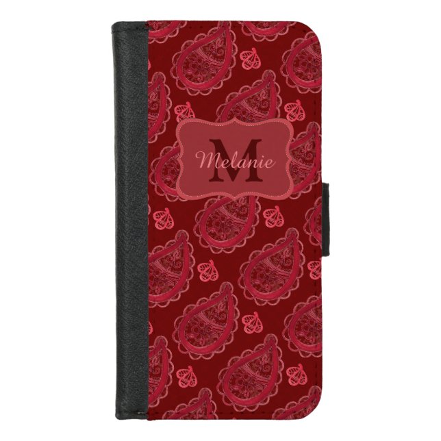 Ornate Burgundy Paisley Pattern Personalised iPhone Wallet Case (Front)
