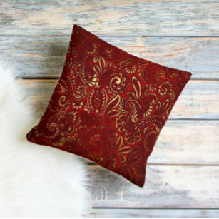 Ornate Burgundy Red Gold Flowers Bohemian Paisley Throw Pillow