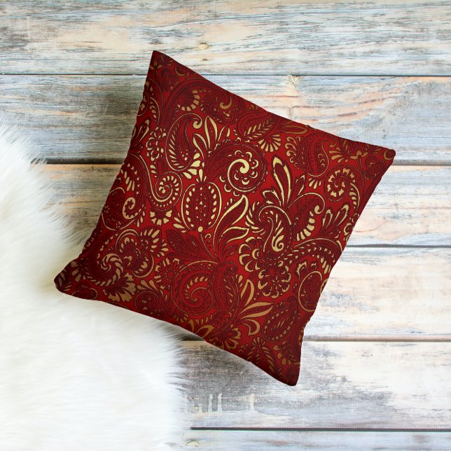 Ornate Burgundy Red Gold Flowers Bohemian Paisley Throw Pillow (Creator Uploaded)