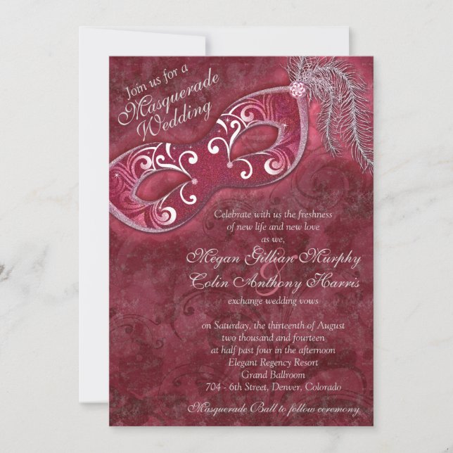 Ornate Burgundy Silver Masquerade Ball Wedding Invitation (Front)