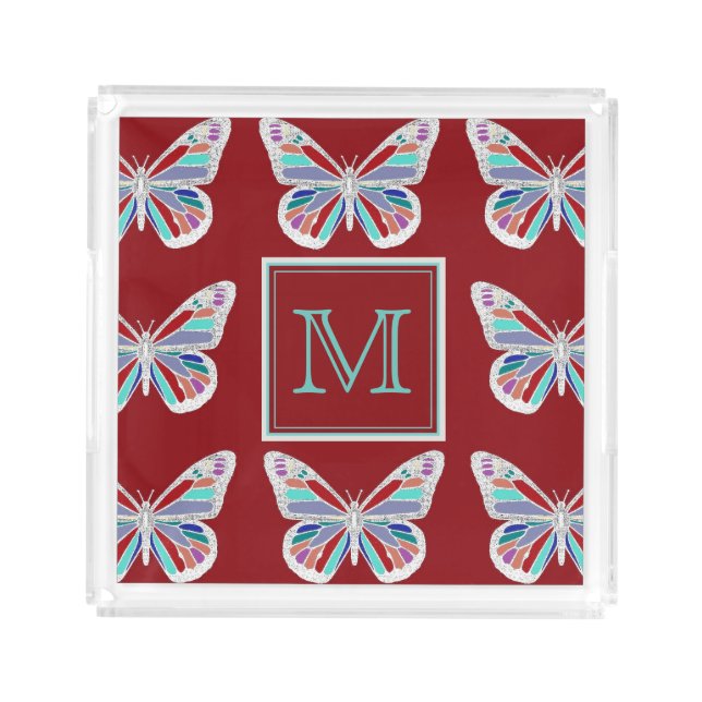Ornate Butterflies Burgundy Pattern Monogram Acrylic Tray (Front)