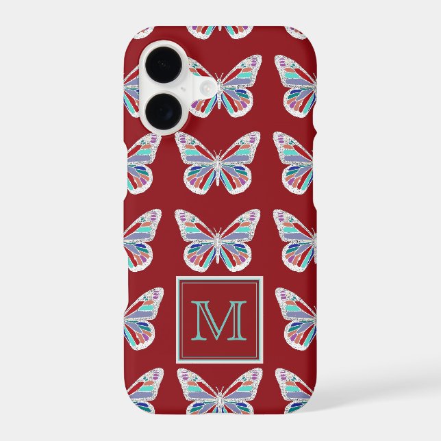 Ornate Butterflies Burgundy Pattern Monogram Case-Mate iPhone Case (Back)