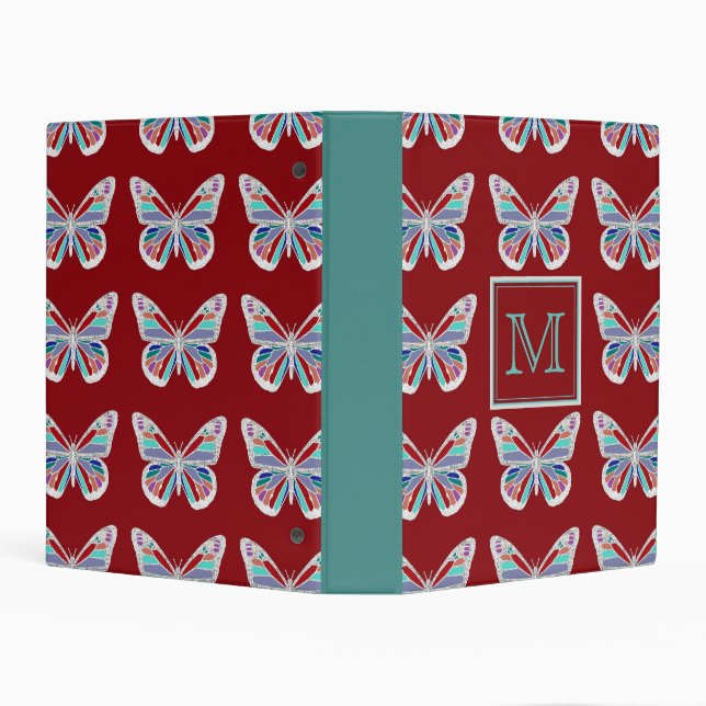 Ornate Butterflies Burgundy Pattern Monogram Mini Binder (Background)