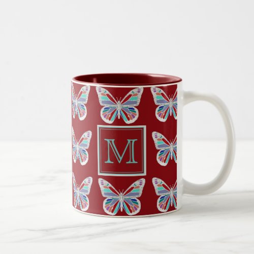 Ornate Butterflies Burgundy Pattern Monogram Two_Tone Coffee Mug