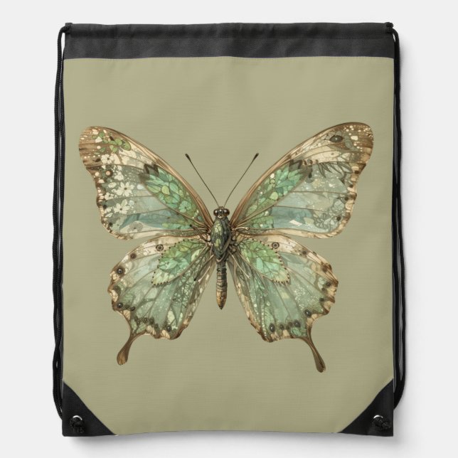 Ornate Butterfly with Leaf Pattern Wings Drawstring Bag (Front)