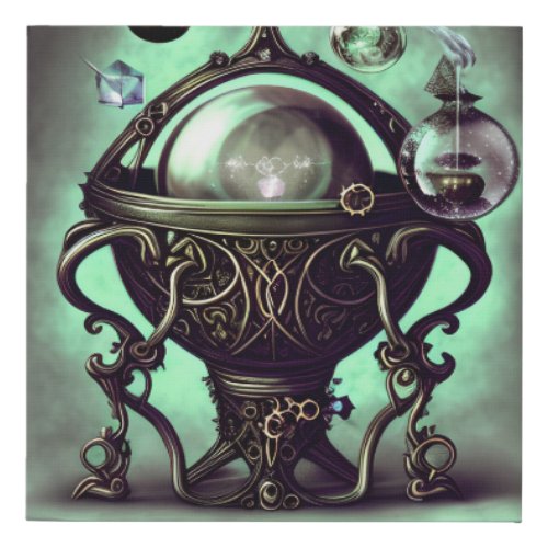 Ornate Cauldron with Green Crystal Ball and Orbs Faux Canvas Print