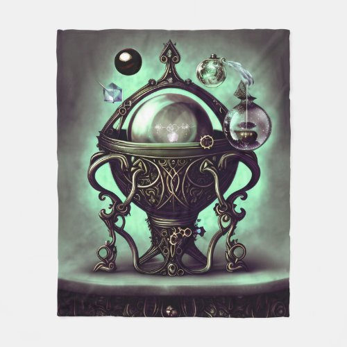 Ornate Cauldron with Green Crystal Ball and Orbs Fleece Blanket