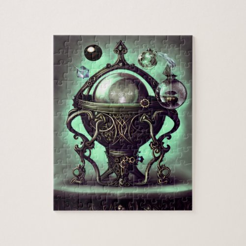 Ornate Cauldron with Green Crystal Ball and Orbs Jigsaw Puzzle