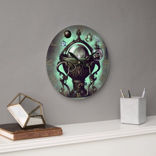 Ornate Cauldron with Green Crystal Ball and Orbs Large Clock