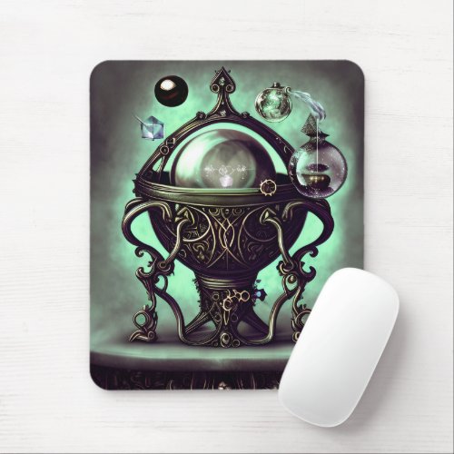 Ornate Cauldron with Green Crystal Ball and Orbs Mouse Pad