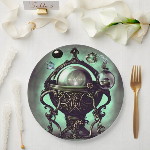 Ornate Cauldron with Green Crystal Ball and Orbs Paper Plates