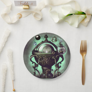 Ornate Cauldron with Green Crystal Ball and Orbs Paper Plates